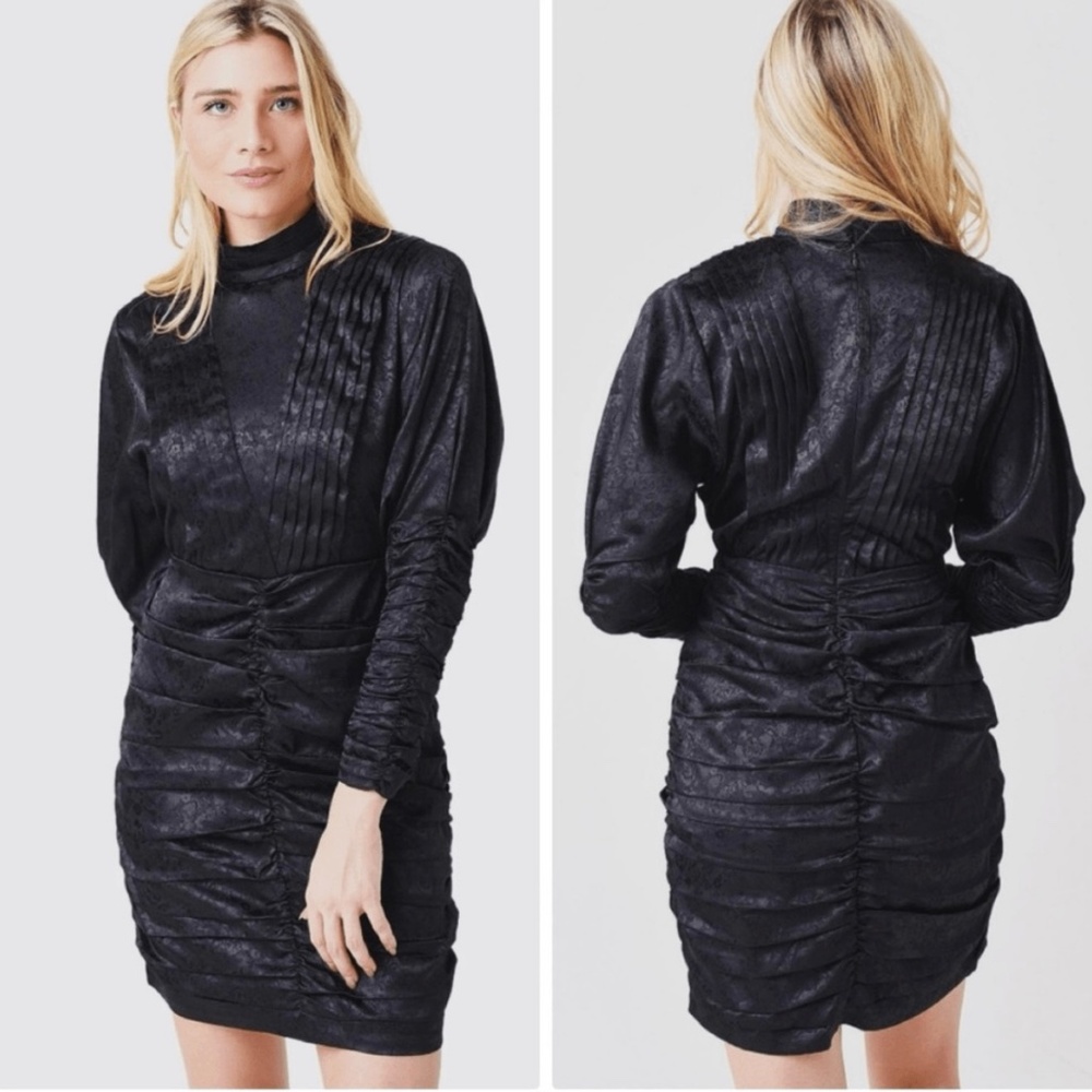 Hunter Bell size 10 Aria dress black jacquard high neck ruched satin long sleeve